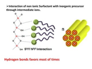 Interaction of non ionic Surfactant with inorganic precursor
 through intermediate ions.




Hydrogen bonds favors most of times
 