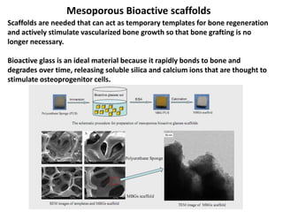 Mesoporous Bioactive scaffolds
Scaffolds are needed that can act as temporary templates for bone regeneration
and actively stimulate vascularized bone growth so that bone grafting is no
longer necessary.

Bioactive glass is an ideal material because it rapidly bonds to bone and
degrades over time, releasing soluble silica and calcium ions that are thought to
stimulate osteoprogenitor cells.
 