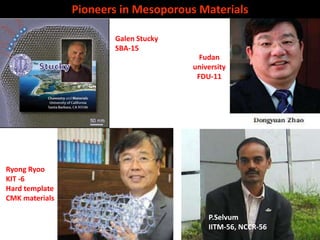 Pioneers in Mesoporous Materials

                       Galen Stucky
                       SBA-15
                                        Fudan
                                      university
                                       FDU-11




Ryong Ryoo
KIT -6
Hard template
CMK materials

                                          P.Selvum
                                          IITM-56, NCCR-56
 