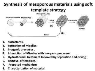 Synthesis of mesoporous materials using soft
               template strategy




1.   Surfactants.
2.   Formation of Micelles.
3.   Inorganic precursor .
4.   Interaction of Micelles with inorganic precursor.
5.   Hydrothermal treatment followed by separation and drying
6.   Removal of template.
7.    Proposed mechanism
8.   Characterization of material.
 