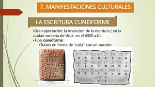 7. MANIFESTACIONES CULTURALES
LA ESCRITURA CUNEIFORME
•Gran aportación: la invención de la escritura ( en la
ciudad sumeri...
