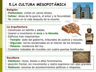 5.LA CULTURA MESOPOTÁMICA Religión Politeístas : creían en varios dioses. Ishtar : diosa de la guerra, el amor y la fecundidad. No creían en la vida después de la muerte. La arquitectura Construían en ladrillo y adobe. Usaron e inventaron el  arco  y la  bóveda . Edificios más importantes: Templo : sede del gobierno, tribunales de justicia y escuela. Zigurats : torres escalonadas en el interior de los templos. Palacio : residencia del rey. Ciudades rodeadas de murallas con cuatro puertas fortificadas. Escultura Estatuas : reyes, dioses o altos funcionarios. posición frontal, sin movimiento y rostro expresivo con ojos grandes. Relieves : escenas de acontecimientos políticos o religiosos. 