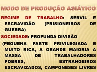 MODO DE PRODUÇÃO ASIÁTICOREGIME DE TRABALHO: SERVIL E ESCRAVIDÃO (PRISIONEIROS DE GUERRA)SOCIEDADE: PROFUNDA DIVISÃO (PEQUENA PARTE PRIVILEGIADA E MUITO RICA, A GRANDE MAIORIA A MASSA DE TRABALHADORES POBRES, ESTRANGEIROS ESCRAVIZADOS, CAMPONESES LIVRES EXPLORADOS)