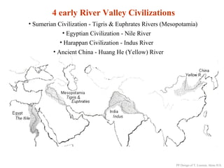 4 early River Valley Civilizations
• Sumerian Civilization - Tigris & Euphrates Rivers (Mesopotamia)
• Egyptian Civilization - Nile River
• Harappan Civilization - Indus River
• Ancient China - Huang He (Yellow) River
PP Design of T. Loessin; Akins H.S.
 