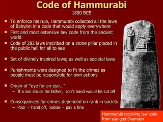 Code of Hammurabi 1800 BCE To enforce his rule, Hammurabi collected all the laws of Babylon in a code that would apply everywhere First and most extensive law code from the ancient world  Code of 282 laws inscribed on a stone pillar placed in the public hall for all to see Set of divinely inspired laws; as well as societal laws Punishments were designed to fit the crimes as people must be responsible for own actions  Origin of “eye for an eye…”  If a son struck his father,  son’s hand would be cut off Consequences for crimes depended on rank in society  Poor = hand off, nobles = pay a fine Hammurabi receiving law code from sun god Shamash 