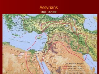 City of  Assur - became important trading and political centre After Hammurabi’s death, Babylon fell apart and kings of Assur controlled more of surrounding area and came to dominate  Made conquered lands pay  taxes  food, animals, metals or timber Rule by fear first to have a  permanent army  made up of professional soldiers  estimated 200 000 men Iron  changed lifestyles in Mesopotamia  replaced wooden wheels and applied to horse drawn chariots Superior weapons States began to revolt  Assyrian Empire collapsed by late 7th century BCE By 539 BCE, Mesopotamia was part of the vast Persian Empire  Led by Cyrus the Great Persian Empire dominated for 800 years until Alexander the Great Assyrians 1100 -612 BCE 