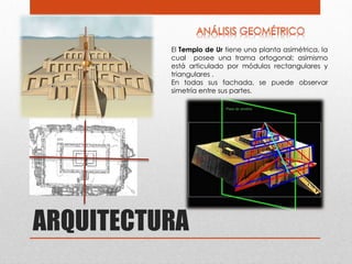 El Templo de Ur tiene una planta asimétrica, la
          cual posee una trama ortogonal; asimismo
          está articulado por módulos rectangulares y
          triangulares .
          En todas sus fachada, se puede observar
          simetría entre sus partes.




ARQUITECTURA
 