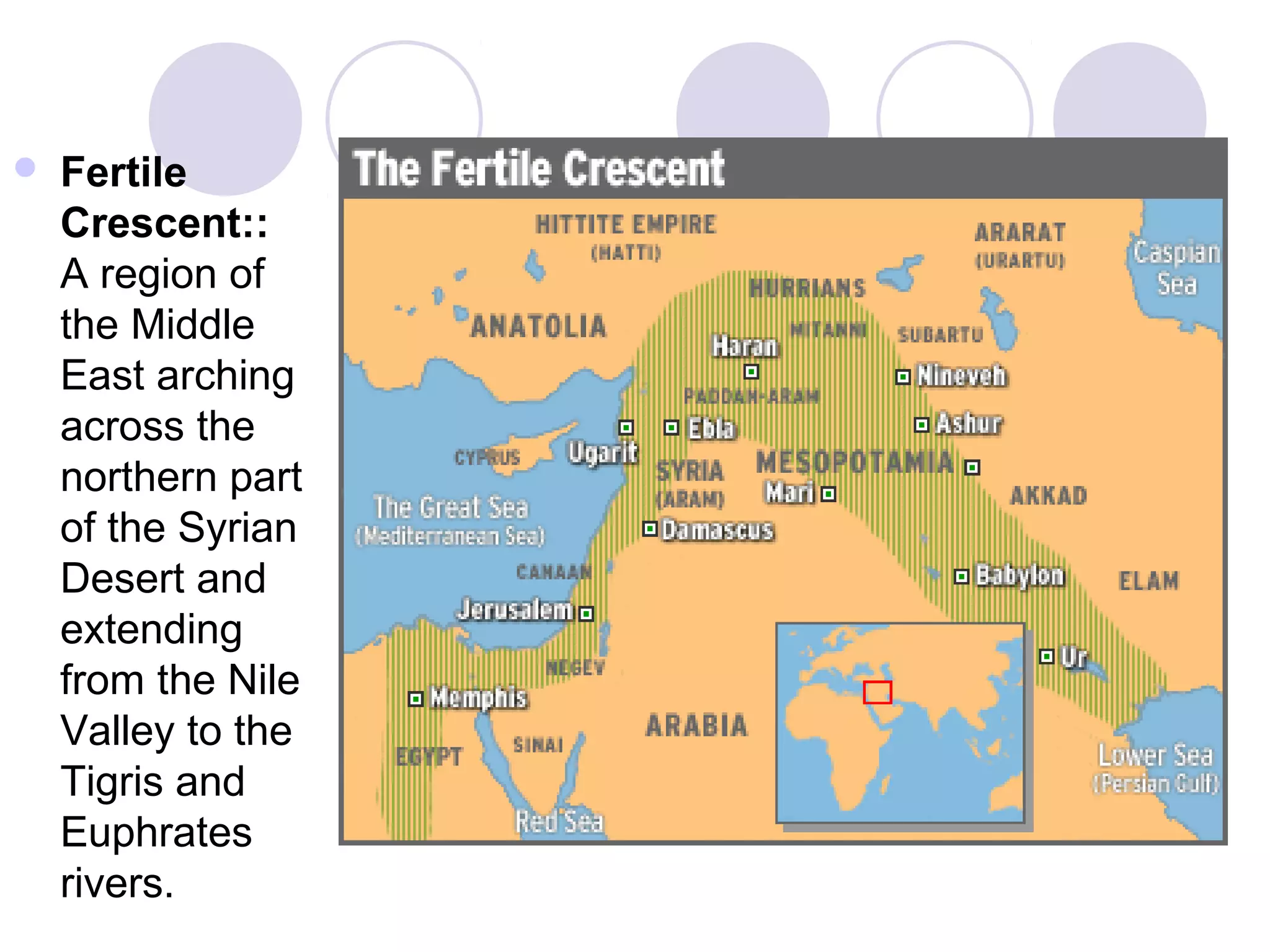    Fertile
    Crescent::
    A region of
    the Middle
    East arching
    across the
    northern part
    of the Syrian
    Desert and
    extending
    from the Nile
    Valley to the
    Tigris and
    Euphrates
    rivers.
 