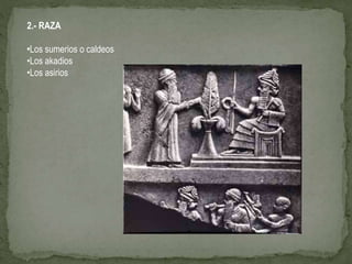 2.- RAZA
•Los sumerios o caldeos
•Los akadios
•Los asirios
 