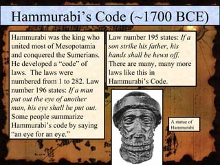Hammurabi’s Code (~1700 BCE)
Hammurabi was the king who
united most of Mesopotamia
and conquered the Sumerians.
He developed a “code” of
laws. The laws were
numbered from 1 to 282. Law
number 196 states: If a man
put out the eye of another
man, his eye shall be put out.
Some people summarize
Hammurabi’s code by saying
“an eye for an eye.”
Law number 195 states: If a
son strike his father, his
hands shall be hewn off.
There are many, many more
laws like this in
Hammurabi’s Code.
A statue of
Hammurabi
 