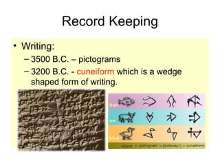 Record Keeping
• Writing:
– 3500 B.C. – pictograms
– 3200 B.C. - cuneiform which is a wedge
shaped form of writing.
 