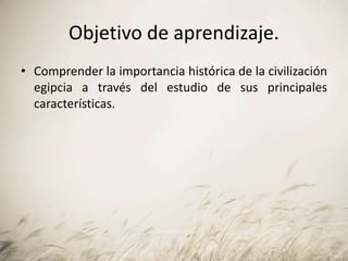 Objetivo de aprendizaje.
• Comprender la importancia histórica de la civilización
egipcia a través del estudio de sus principales
características.
 