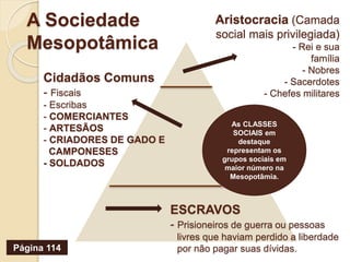 A Sociedade
Mesopotâmica
Aristocracia (Camada
social mais privilegiada)
- Rei e sua
família
- Nobres
- Sacerdotes
- Chefes militares
Cidadãos Comuns
- Fiscais
- Escribas
- COMERCIANTES
- ARTESÃOS
- CRIADORES DE GADO E
CAMPONESES
- SOLDADOS
ESCRAVOS
- Prisioneiros de guerra ou pessoas
livres que haviam perdido a liberdade
por não pagar suas dívidas.Página 114
As CLASSES
SOCIAIS em
destaque
representam os
grupos sociais em
maior número na
Mesopotâmia.
 