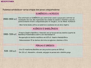 MESOPOTAMIA
Podemos estabelecer varias etapas dos povos conquistadores
-Primeiro Império Babilônico: Hamurabi une as terras sob seu domínio (capital da
Babilônia) Predominância assíria com Asurnasilpal II
-Recuperação do domínio babilônico em 625 aC. Império Neobabilônico
-Nabuconodosor II se destaca derrotou os egípcios e dominou a Síria
1900- 539 a.C.
SUMÉRIOS e ACÁDIOS
3500-1900 a.C.
-Eles enfatizam os SUMÉRIOS que construíram canais e poços para controlar as
inundações dos rios, são organizados nas cidades do estado e inventam a escrita. -
posteriormente foram s conquistados pelo rei Sargão I, rei de Akkad: ACADIUS
- Mais tarde Gudea unifica os sumérios e acadianos em um único império
ASÍRIOS E BABILÔNIOS
-Ciro II transforma Babilônia em uma província persa em 539 aC.
-Em 331 a.C. Alexandre, o Grande, subjugou os persas sob o domínio grego
539- 331 a.C.
PERSAS E GREGOS
 