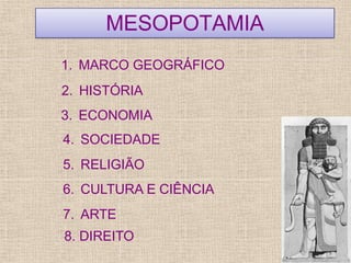 MESOPOTAMIA
1. MARCO GEOGRÁFICO
2. HISTÓRIA
3. ECONOMIA
4. SOCIEDADE
5. RELIGIÃO
6. CULTURA E CIÊNCIA
7. ARTE
8. DIREITO
 