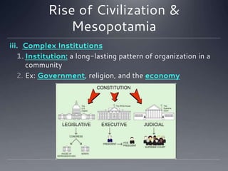 Rise of Civilization &
Mesopotamia
iii. Complex Institutions
1. Institution: a long-lasting pattern of organization in a
community
2. Ex: Government, religion, and the economy
 