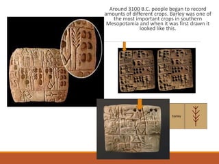 Around 3100 B.C. people began to record
amounts of different crops. Barley was one of
the most important crops in southern
Mesopotamia and when it was first drawn it
looked like this.
 