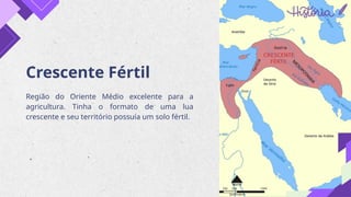 Crescente Fértil
Região do Oriente Médio excelente para a
agricultura. Tinha o formato de uma lua
crescente e seu território possuía um solo fértil.
 