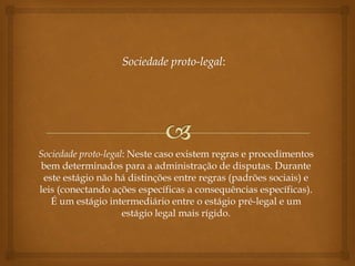 Sociedade proto-legal: Neste caso existem regras e procedimentos
bem determinados para a administração de disputas. Durante
este estágio não há distinções entre regras (padrões sociais) e
leis (conectando ações específicas a consequências específicas).
É um estágio intermediário entre o estágio pré-legal e um
estágio legal mais rígido.
 