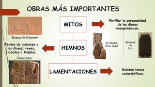 OBRAS MÁS IMPORTANTES
MITOS
Perfilar la personalidad
de los dioses
mesopotámicos.
HIMNOS
Textos de alabanza a
los dioses, reyes,
ciudades o templos.
LAMENTACIONES
Relatan temas
catastróficos.
Epopeya de Gilgamesh
Atrahasis,
Atar-hasis
Epopeya
de
Erra
Enûma Elish
 