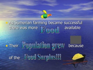 As Sumerian farming became successful there was more  available Their  because  of the  Food Food Surplus!!! Population grew 