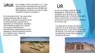 URUK En su apogeo, hacia el III milenio a. C., Uruk
tenía una zona amurallada de unos 6,5 km²,
estimándose su población entre 50 000 y 80
000 habitantes, siendo por lo tanto la mayor
ciudad del mundo en esa época.1
En el periodo de Uruk, fue cuando esta
ciudad predominó sobre el resto,
teniendo un tamaño muy superior al de
los asentamientos cercanos que no
superaban las 10 hectáreas, creándose
una sociedad compleja en su interior,
con una gran diversificación,
estratificación y especialización social,
llegando al máximo exponente sumerio
en el ámbito social, comercial,
burocrático y militar.
Ur fue una antigua ciudad del sur de
Mesopotamia. Originalmente, estaba
localizada cerca de Eridu y de la
desembocadura del río Éufrates en el golfo
Pérsico. Hoy en día, sus ruinas se
encuentran a 24 km al suroeste de Nasiriya,
en el actual Irak.
Los restos de Ur forman una colina de
ruinas de 12 m de altitud en mitad del
desierto de Irak, a unos 24 km al suroeste
de Nasiriya. Las ruinas eran llamadas por
los habitantes locales Tell al-Muqayyar
(montículo de brea).
 