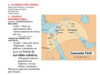 1 - O CRESCENTE FÉRTIL:
•Berço das primeiras civilizações;
•Atual Iraque até Egito;
•Grandes rios;
•Terras férteis.
2 – EGITO E
MESOPOTÂMIA:
•Impérios TEOCRÁTICOS de
REGADIO;
-Líder = Deus ou
representante dele;
-Aproveitamento de cheias
dos rios
-Civilizações fluviais;
•MODO DE PRODUÇÃO
ASIÁTICO:
-Estado = dono das terras;
-População = obras
públicas e produção em
geral sob forma de
servidão coletiva;
-Obrigações básicas:
pagamento de
impostos, serviço
militar e produção;
•Recursos agrícolas distribuídos
pelo Estado.
 