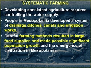 SYSTEMATIC FARMING
• Developing consistent agriculture required
controlling the water supply.
• People in Mesopotamia developed a system
of drainage ditches, canals and irrigation
works.
• Careful farming methods resulted in large
food supplies and made possible significant
population growth and the emergence of
civilization in Mesopotamia.
 