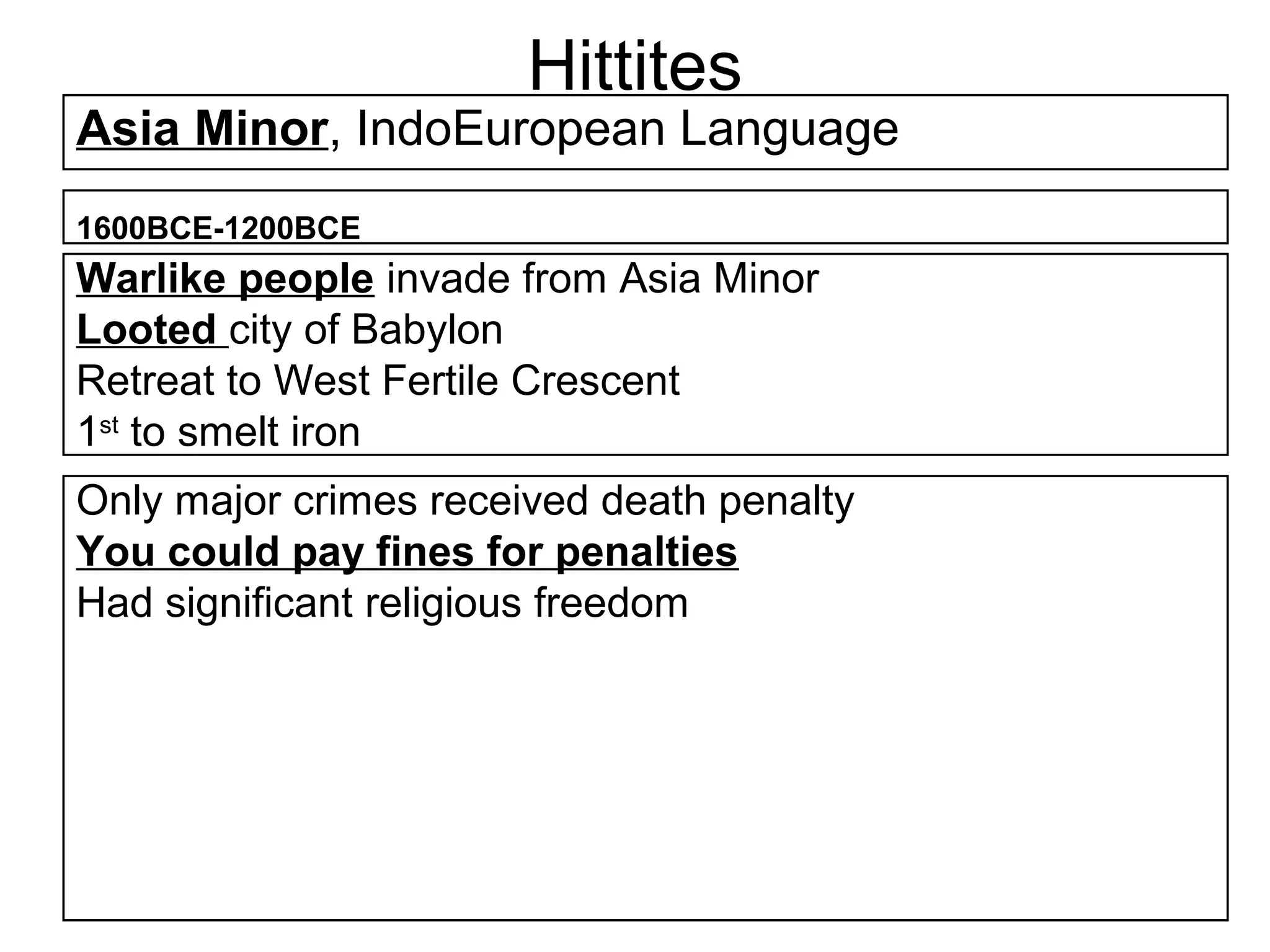 Hittites
Asia Minor, IndoEuropean Language
1600BCE-1200BCE
Warlike people invade from Asia Minor
Looted city of Babylon
Retreat to West Fertile Crescent
1st to smelt iron
Only major crimes received death penalty
You could pay fines for penalties
Had significant religious freedom
 