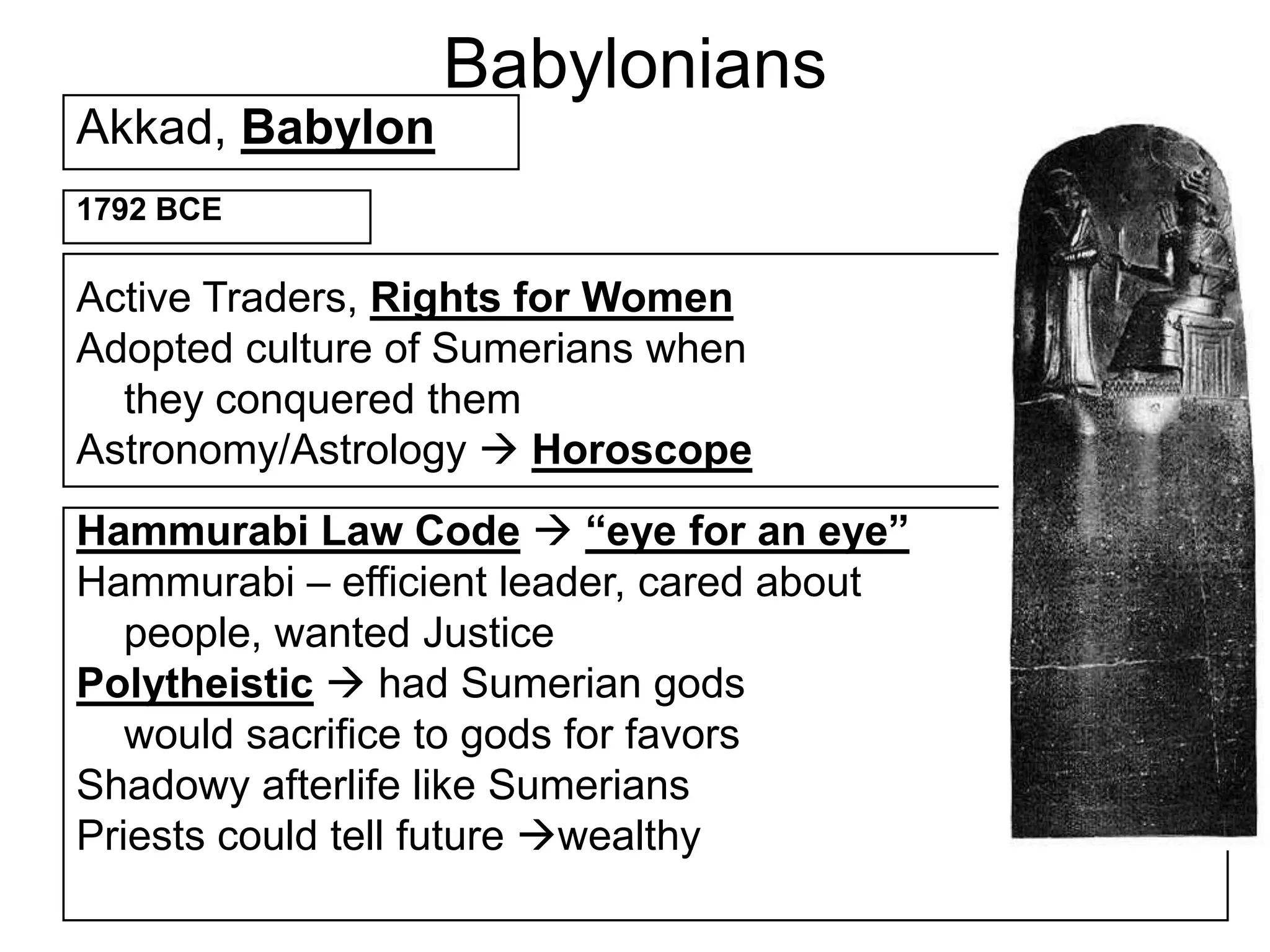 Babylonians
Akkad, Babylon
1792 BCE
Active Traders, Rights for Women
Adopted culture of Sumerians when
they conquered them
Astronomy/Astrology  Horoscope
Hammurabi Law Code  “eye for an eye”
Hammurabi – efficient leader, cared about
people, wanted Justice
Polytheistic  had Sumerian gods
would sacrifice to gods for favors
Shadowy afterlife like Sumerians
Priests could tell future wealthy
 
