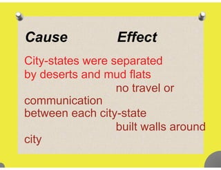 Cause Effect
City-states were separatedCity states were separated
by deserts and mud flats
t lno travel or
communication
between each city-state
built walls aroundbuilt walls around
city
 
