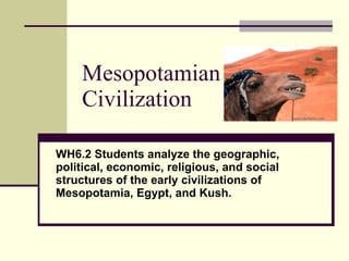 Mesopotamian Civilization WH6.2 Students analyze the geographic, political, economic, religious, and social structures of the early civilizations of Mesopotamia, Egypt, and Kush. 