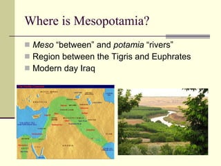 Where is Mesopotamia? Meso  “between” and  potamia  “rivers” Region between the Tigris and Euphrates Modern day Iraq 