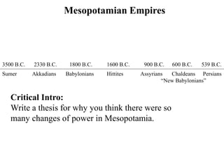 3500 B.C. 2330 B.C. 1800 B.C. 1600 B.C. 900 B.C. 600 B.C. 539 B.C.
Mesopotamian Empires
Sumer Akkadians Babylonians Hittites Assyrians Chaldeans
“New Babylonians”
Persians
Critical Intro:
Write a thesis for why you think there were so
many changes of power in Mesopotamia.
 