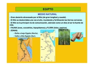 EGIPTO
                                   MEDIO NATURAL
- Gran desierto atravesado por el Nilo (de gran longitud y caudal).
                                                           caudal).
- El Nilo se desbordaba una vez al año, inundando y fertilizando las tierras cercanas.
                                   añ
- El Nilo es la principal vía de comunicación, adorado como un dios al ser la fuente de
                          ví     comunicació
vida.
- FAUNA (aves, cocodrilos, hipopótamos) y FLORA (lotos, papiros)
                           hipopó
- ZONAS:
    - Delta o bajo Egipto (Norte).
    - Valle o Alto Egipto (Sur).
 