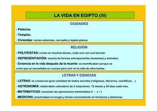 LA VIDA EN EGIPTO (III)
                                          CIUDADES
- Palacios.
- Templos.
- Viviendas: varias estancias, con patio y tejado planos.

                                           RELIGIÓ
                                           RELIGIÓN
- POLITEISTAS: creían en muchos dioses, cada uno con una función.
- REPRESENTACIÓN: mezcla de formas antropomorfas (humanas) y animales.
  REPRESENTACIÓ
                      despué
- Creencia en la vida después de la muerte: se momificaban porque se
creía que se necesitaba un cuerpo para vivir en la vida de ultra tumba.

                                    LETRAS Y CIENCIAS
- LETRAS: se conservan gran cantidad de textos escritos (religiosos, literarios, científicos …)
- ASTRONOMÍA: elaboraban calendario de 3 estaciones, 12 meses y 30 días cada mes.
  ASTRONOMÍ
- MATEMATICAS: conocían las operaciones elementales (+ - x / )

- MEDICINA: practicaban la cirugía y tenían conocimiento en fracturas y dolencias.
 