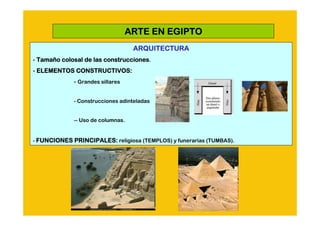 ARTE EN EGIPTO
                                   ARQUITECTURA
- Tamaño colosal de las construcciones.
  Tamañ
- ELEMENTOS CONSTRUCTIVOS:
             - Grandes sillares


             - Construcciones adinteladas


             -- Uso de columnas.


- FUNCIONES PRINCIPALES: religiosa (TEMPLOS) y funerarias (TUMBAS).
 