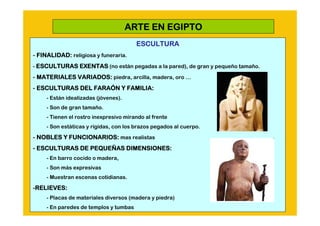 ARTE EN EGIPTO
                                        ESCULTURA
- FINALIDAD: religiosa y funeraria.
- ESCULTURAS EXENTAS (no están pegadas a la pared), de gran y pequeño tamaño.

- MATERIALES VARIADOS: piedra, arcilla, madera, oro …
- ESCULTURAS DEL FARAÓN Y FAMILIA:
                 FARAÓ
     - Están idealizadas (jóvenes).
     - Son de gran tamaño.
     - Tienen el rostro inexpresivo mirando al frente
     - Son estáticas y rígidas, con los brazos pegados al cuerpo.

- NOBLES Y FUNCIONARIOS: mas realistas
- ESCULTURAS DE PEQUEÑAS DIMENSIONES:
                PEQUEÑ
     - En barro cocido o madera,
     - Son más expresivas
     - Muestran escenas cotidianas.

-RELIEVES:
 RELIEVES:
     - Placas de materiales diversos (madera y piedra)
     - En paredes de templos y tumbas
 