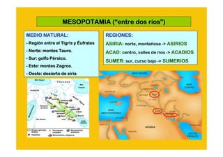 (“          ríos”
                  MESOPOTAMIA (“entre dos ríos”)

MEDIO NATURAL:                        REGIONES:
- Región entre el Tigris y Éufrates
  Regió                               ASIRIA: norte, montañosa -> ASIRIOS
- Norte: montes Tauro.                ACAD: centro, valles de ríos -> ACADIOS
             Pé
- Sur: golfo Pérsico.
                                      SUMER: sur, curso bajo -> SUMERIOS
               Zagros.
- Este: montes Zagros.
- Oeste: desierto de siria
 
