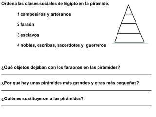Ordena las clases sociales de Egipto en la pirámide.

       1 campesinos y artesanos

       2 faraón

       3 esclavos

       4 nobles, escribas, sacerdotes y guerreros




¿Qué objetos dejaban con los faraones en las pirámides?
______________________________________________________________

¿Por qué hay unas pirámides más grandes y otras más pequeñas?
______________________________________________________________

¿Quiénes sustituyeron a las pirámides?
______________________________________________________________
 