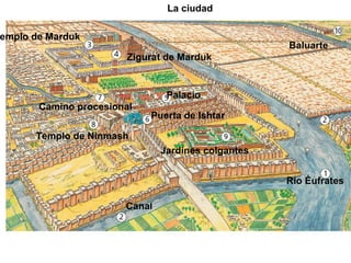 La ciudad

emplo de Marduk
                                                    Baluarte
                        Zigurat de Marduk


                                Palacio
       Camino procesional
                            Puerta de Ishtar

      Templo de Ninmash
                               Jardines colgantes


                                                    Río Éufrates

                       Canal
 