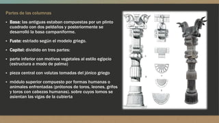 Partes de las columnas
▪ Basa: las antiguas estaban compuestas por un plinto
cuadrado con dos peldaños y posteriormente se
desarrolló la basa campaniforme.
▪ Fuste: estriado según el modelo griego.
▪ Capitel: dividido en tres partes:
▪ parte inferior con motivos vegetales al estilo egipcio
(estructura a modo de palma)
▪ pieza central con volutas tomadas del jónico griego
▪ módulo superior compuesto por formas humanas o
animales enfrentadas (prótonos de toros, leones, grifos
y toros con cabezas humanas). sobre cuyos lomos se
asientan las vigas de la cubierta
 