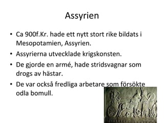 Assyrien Ca 900f.Kr. hade ett nytt stort rike bildats i Mesopotamien, Assyrien. Assyrierna utvecklade krigskonsten. De gjorde en armé, hade stridsvagnar som drogs av hästar.  De var också fredliga arbetare som försökte odla bomull.  