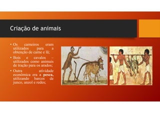 Criação de animais
• Os carneiros eram
utilizados para a
obtenção de carne e lã;
• Bois e cavalos –
utilizados como animais
de tração para os arados;
• Outra atividade
econômica era a pesca,
utilizando barcos de
junco, anzol e redes;
 