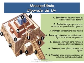 MesopotâmiaMesopotâmia
Zigurate de UrZigurate de Ur  
1. Escadarias: levam direta ou
indiretamente ao templo.
2. Contrafortes: servem para
reforçar as paredes do zigurate.
3. Portão: antecâmara do pináculo
4. Buracos Laterais: permitiam que a
água do interior evaporasse.
5. Drenos: serviam para retirar a
água da chuva empossada.
6. Terraço: área plana coberta por
tijolos.
7. O Templo: onde eram realizados os
rituais e cultos aos deuses.
Prof. Douglas Barraqui
www.dougnahistoria.blogspot.com
 
