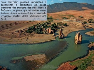 Para controlar grandes inundações e
possibilitar a agricultura em áreas
distantes das margens dos rios Tigre e
Eufrates, os povos que ali viviam cons-
truíram diques, reservatórios e canais de
irrigação, muitos deles utilizados até
hoje.
Prof. Douglas Barraqui
www.dougnahistoria.blogspot.com
 