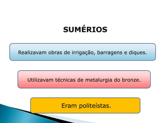 Realizavam obras de irrigação, barragens e diques.
Eram politeístas.
HISTÓRIA , 6° Ano do Ensino Fundamental
Mesopotâmia
SUMÉRIOS
Utilizavam técnicas de metalurgia do bronze.
 