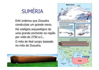 SUMÉRIA
Enki ordenou que Ziusudra
construísse um grande navio.
Há vestígios arqueológico de
uma grande enchente na região
por volta de 2750 a.C..
O mito de Noé surgiu baseado
no mito de Ziusudra.
 