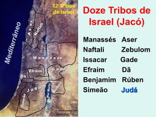 12 Tribos
                       de Israel                Doze Tribos de
                                                 Israel (Jacó)
                                                Manassés   Aser
                                                Naftali    Zebulom
              Jordão




      M a n a s s és
                                                Issacar    Gade
               Rio




     Efraim            G a de                   Efraim     Dã
Dã     Benjamim
              Jericó
       Jerusalém
                       Mt.Nebo                  Benjamim   Rúben
                                                Simeão     Judá

                          © EBibleTeacher.com
                          NASA PHOTO
 