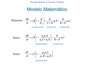 Mesopredadores e Cascatas Tróficas Pássaros Ratos Gatos Modelo Matemático equação logística predação gato equação logística equação logística predação rato predação gato 